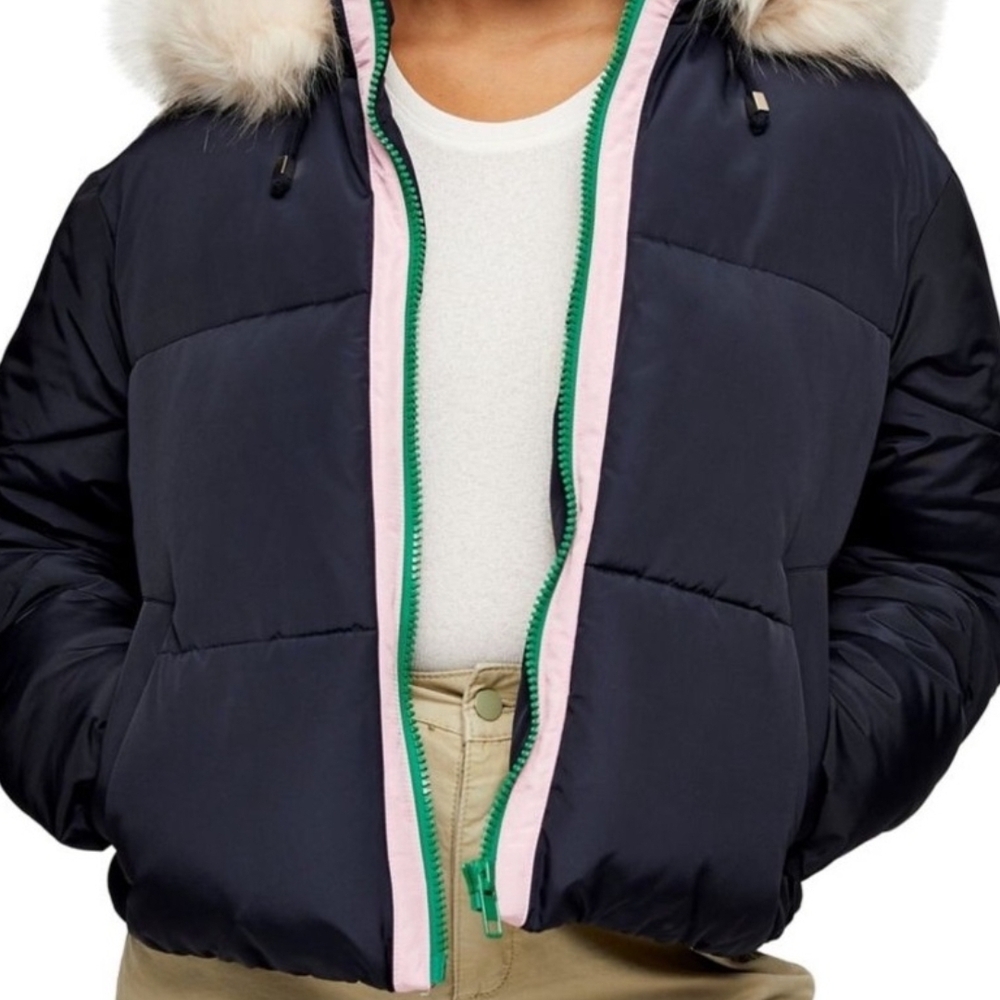 Topshop Dark Blue Puffer with Removable Faux Fur Trim.